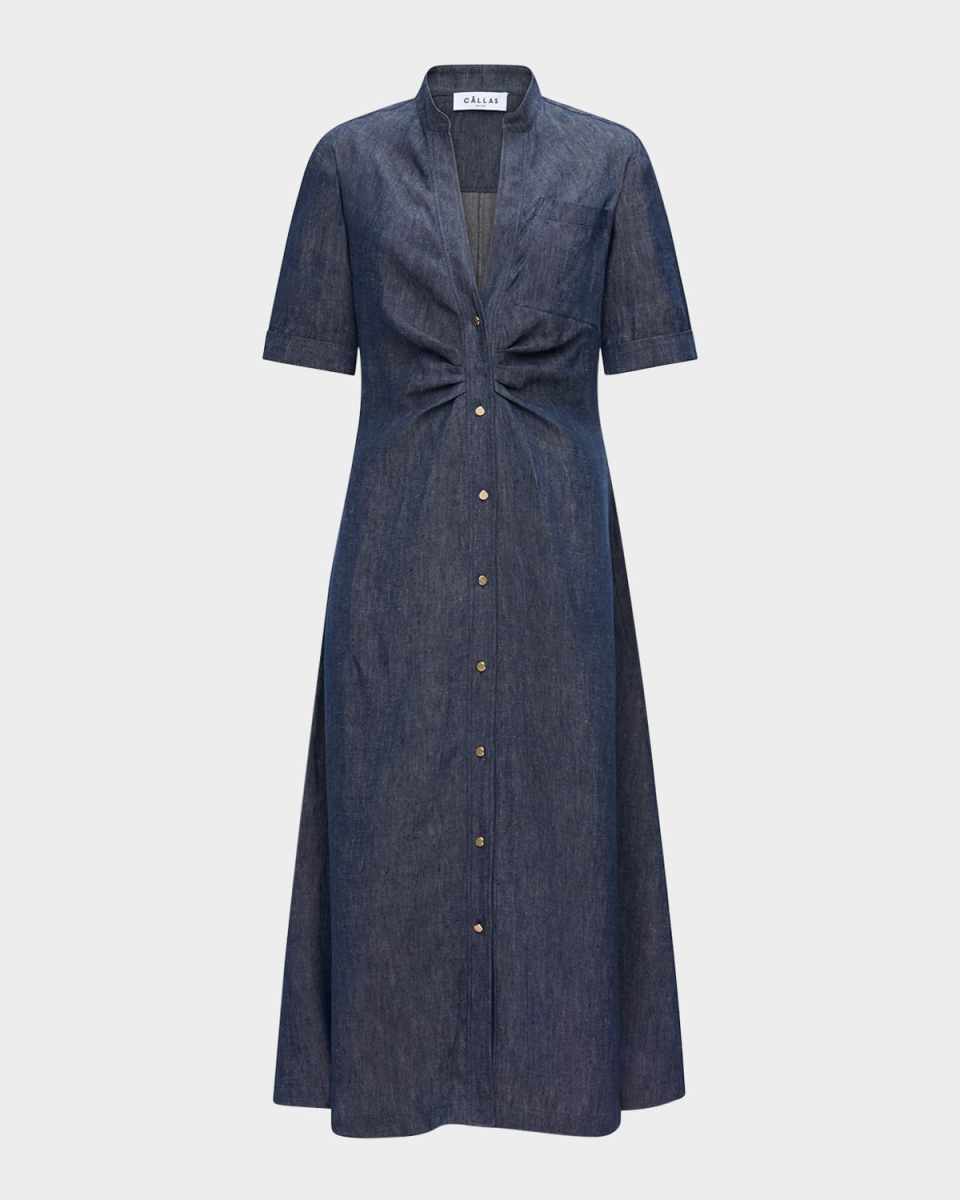 Noor V-Neck Button Denim Midi Shirtdress
